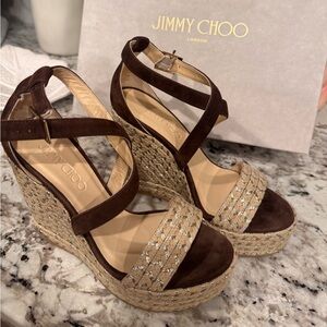 Jimmy Choo Dark Brown and Tan Wedge Sandals